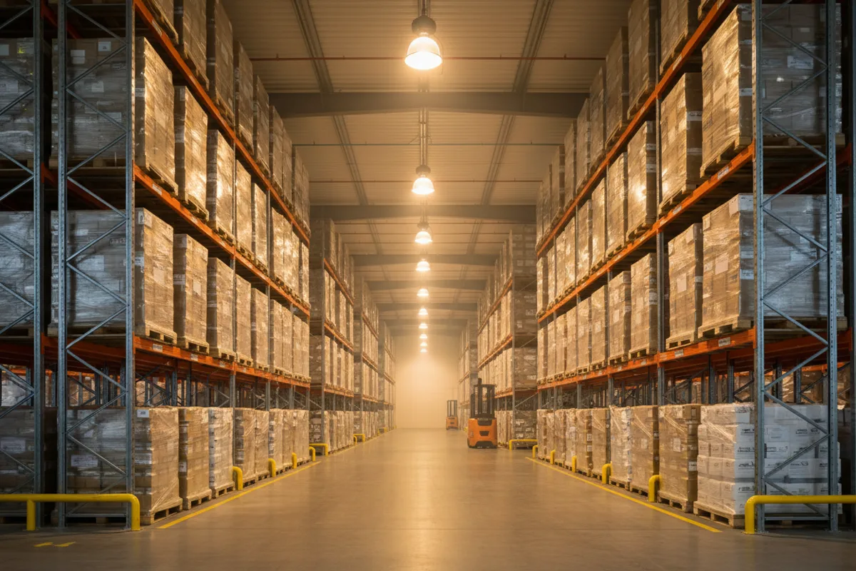 Almacén con racks y pallets