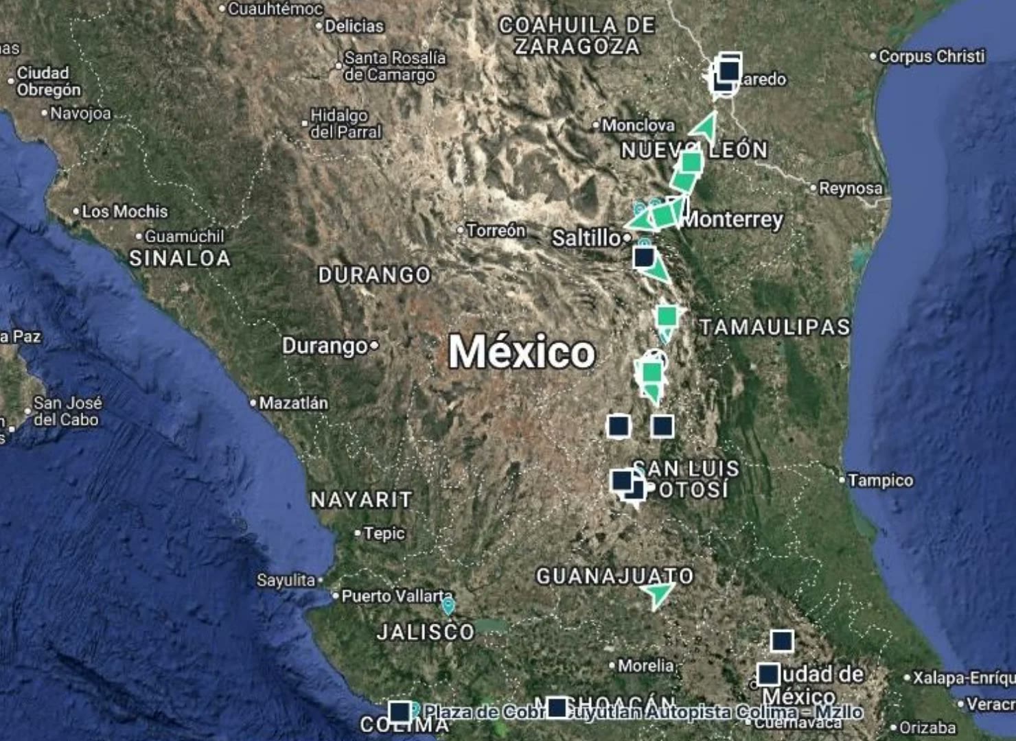 Mapa del sistema de monitoreo con unidades de Deprisa en ruta entre Nuevo Laredo y San Luis Potosí